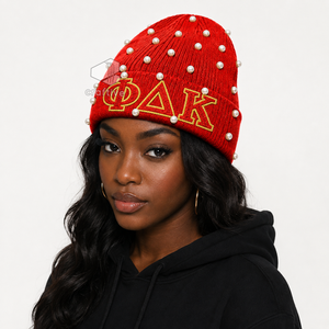 Bonnet en tricot pour femme NSPDK Sorority, orné de perles rouges, broderie chenille avec lettres grecques, chapeau d'hiver décontracté - Product Image 5