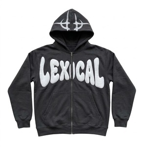 Sweat à capuche zippé noir pour homme, motif graphique, style hip-hop streetwear, 100% coton, coupe oversize, effet vieilli, collection automne, 350g - Product Image 6