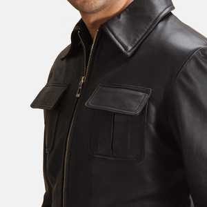 Raven Black Winter Leather <b>Canvas</b> <b>Jacket</b> with Zipper Front Solid Pattern Eco-Friendly Breathable OEM Service - Product Image 5