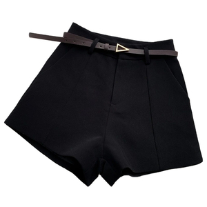 Shorts blancs taille haute pour femme, couleur unie, fermeture boutonnée, ceinturés, style minimaliste, tissu tissé, coupe droite, anti-plis - Product Image 2