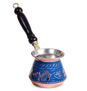 Cafetière turque, grecque, arabe en laiton et cuivre bleu, pour cuisinière, Cezve Ibrik Briki avec poignée en bois - Product Image 2