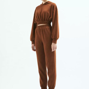Ensemble de survêtement tricoté marron à capuche pour femme, manches longues, couleur unie, coupe ample, tenue décontractée pour l'automne - Product Image 1