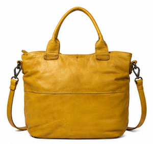 Sac fourre-tout vintage en cuir véritable pour femme, grand sac à main à bandoulière, sangle réglable, fermeture éclair, prêt pour la plage, jaune moutarde - Product Image 1
