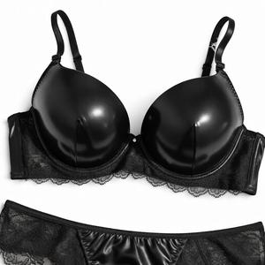 Conjunto de sujetador con aros y bikini de cuero negro para mujer con ribete de encaje, lencería push-up de copa completa, dos piezas - Product Image 2