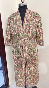 ชุดคลุมอาบน้ำผ้าฝ้ายยาวหรูหราสำหรับผู้หญิง คิโมโนลายดอกไม้สไตล์อินเดีย ตกแต่งด้วยลูกไม้ ชุดนอนสุดหรู - Product Image 3