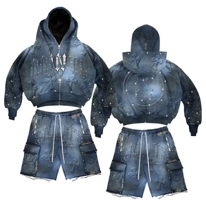 OEM Streetwear Custom Rhinestone Embroidery Vintage Cropped Acid Wash Double Zip Distressed Rhinestone Shorts and Hoodie <b>Set</b> Men - Product Image 5
