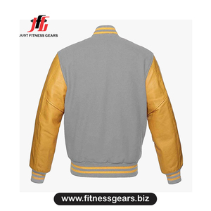 เสื้อแจ็คเก็ตวาร์ซิตี้สีเทาและเหลืองสำหรับผู้ชาย แขนหนัง PU ปกคอพับ สวมใส่สบายๆ ในฤดูใบไม้ร่วง - Product Image 2