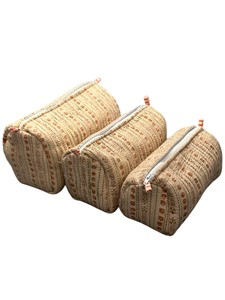 Luxury Beige Floral Quilted Cosmetic Bag | Handmade Pink Buti Cotton <b>Makeup</b> Pouch | Professional Travel Toiletry Masterpiece - Product Image 1