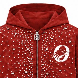 Sudadera con capucha roja ladrillo perlada con cremallera completa, chaqueta de moda urbana con tachuelas de perlas, sudadera informal con capucha de manga larga y bolsillos - Product Image 3