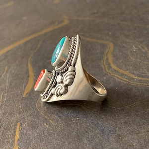 Bague large en argent sterling 925, turquoise et corail, faite à la main, style tribal vintage, pierre précieuse naturelle, vente en gros - Product Image 3