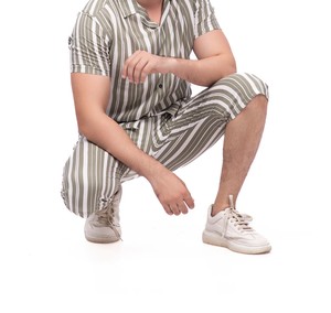 Striped Cotton Bamboo Fiber Short Sleeve Shirt <b>Pants</b> Set Turn-<b>Down</b> Collar Regular Fit Breathable Casual Spring Summer Unisex - Product Image 3