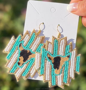 Boucles d'oreilles pendantes style Western Cowboy Bohème, motif floral en perles de rocaille, taille personnalisée, multicolores, bijoux fantaisie unisexe pour fêtes et mode - Product Image 2