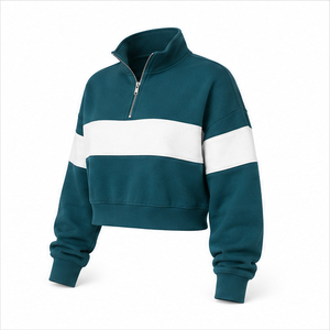 Sudadera Corta Personalizable para Mujer, Color Verde Azulado Oscuro, Corte Cuadrado, con Cierre de Cremallera de un Cuarto, de Algodón con Interior de Felpa - Product Image 4