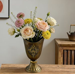 Exquisite <b>gold</b>-accented ceramic <b>vase</b> showcasing detailed silver filigree patterns and deep magenta dahlia flowers, at wholesale. - Product Image 3