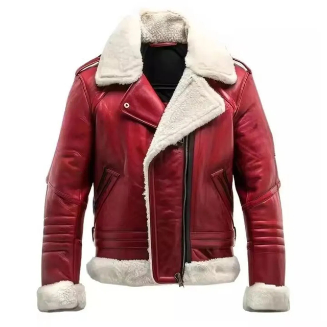 Men's Red Genuine Leather Waterproof Stand High Street Moto Bomber Jacket Front Logo Polyester Lining Zipper Closure Winter
