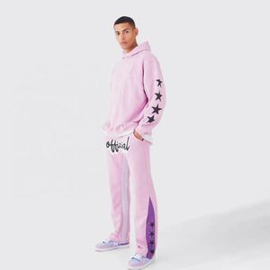 Ensemble survêtement rose à capuche avec imprimé étoiles et logo « Officiel » – Sweat-shirt et pantalon streetwear coupe ample longueur intégrale pour l'automne - Product Image 1