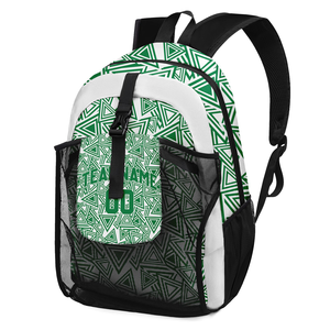 Custom Green White Geometric Pattern Nylon Backpack 30-40L Sports Bag with Mesh Side Pockets and <b>Adjustable</b> <b>Straps</b> - Product Image 3