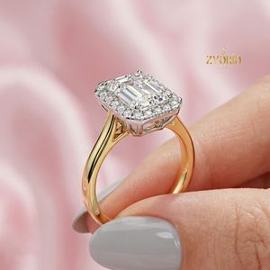 925 Sterling <b>Silver</b> <b>Emerald</b> Cut Moissanite Halo Engagement <b>Ring</b> Classic Solitaire Bridal <b>Ring</b> Luxury Wedding Jewelry - Product Image 4