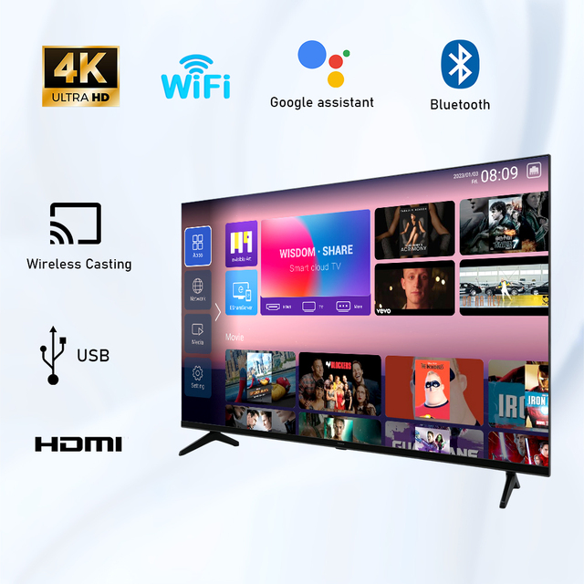 Professional OEM Factory 4K Smart TV Ultra-thin Home Television UHD LED TV with Voice Remote WiFi BT HDMI USB AV Port Wholesale