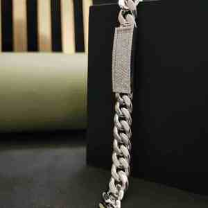Men's 925 Silver Diamond Chain <b>Bracelet</b> Round Brilliant Cut Micro Insert Hiphop Style Geometric Link Jewelry - Product Image 4