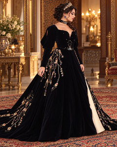 Mishkat Couture Elegant <b>Black</b> Velvet MAXI Long Sleeve Algerian Badroun Intricate Hand Embroidery for Muslim Women Arab Girls - Product Image 1