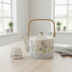 Théière en grès céramique de style nordique de qualité supérieure 3460937-0.65 avec couvercle à poignée en bois et motif floral estampé, capacité 650 ml - Product Image 3