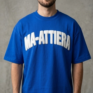 Men's T Shirt Royal Blue Raised Text Print Crew Neck Short Sleeve Oversized Fit Casual Streetwear <b>Tshirt</b> - Product Image 1