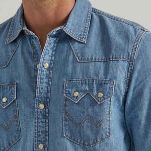 Camisa de Mezclilla para Hombre, Manga Larga, Color Sólido, Cierre de Botones, Cuello Clásico, Corte Regular, Estilo Casual, Tela de Algodón Lavado - Product Image 5