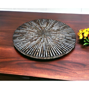 Plateau rond en incrustation de nacre avec conception complexe de mandala Plateau décoratif en bois fait à la main pour les maisons Boho Yoga Decor Gift - Product Image 2