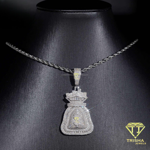 Pendentif Sac d'argent de luxe serti de diamants en argent sterling 925 avec accents baguette en moissanite et design de collier hip-hop - Product Image 4