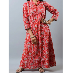 Robe en coton imprimée à la main de Jaipur pour femmes, robe maxi confortable, vêtements traditionnels indiens, vêtements d'été de créateur indien, Kurti - Product Image 1