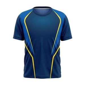 T-shirt sportif à manches courtes pour homme, bleu et jaune, col rond, séchage rapide, coupe classique, en polyester tricoté - Product Image 1