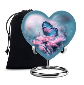<b>Top</b> Best Selling Keepsake Heart Enamel Urn with <b>Butterfly</b> Design Black Base Decorative Stand Included Keepsake Heart Urn - Product Image 2