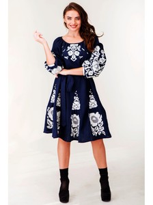 Robe midi moderne pour femmes, bleu marine, broderie florale, manches lanternes, taille haute, coupe trapèze, style vintage décontracté - Product Image 3