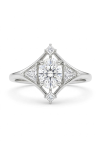 Bague de fiançailles Art Déco ovale en diamant avec accent trilobé, en or jaune 14 carats, diamant de laboratoire, sertissage géométrique en forme de cerf-volant, bague de mariage - Product Image 4