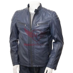 Blouson de motard en cuir véritable bleu pour homme, col montant, fermeture éclair, coupe ajustée, style moto, pour l'automne - Product Image 2