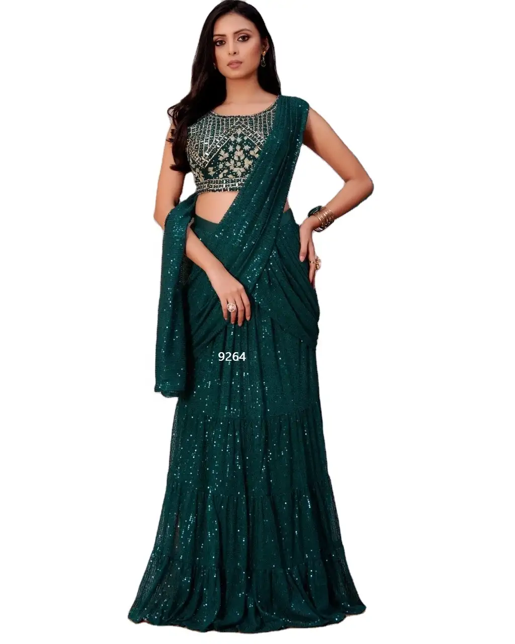 Indian Bollywood Gaya Desainer Rumbai Saree untuk Wanita Siap Pakai Saree Dijahit Penuh untuk Pesta dan Pakaian Festival