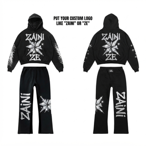 Premium 380 GSM 100 Cotton Fleece Men Hooded Tracksuit Black Custom Screen Printed Logo Private Label OEM ODM - Product Image 1