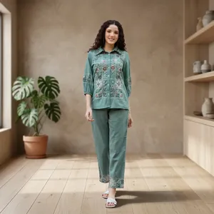 Green Linen Cotton Embroidered Floral Shirt and <b>Trousers</b> Set with Turn-<b>down</b> Collar Three Quarter Sleeve Casual Wear for Women - Product Image 4