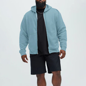 Sweat-shirt à capuche zippé pour homme, couleur unie, en molleton, coupe décontractée, bleu clair, 100 % coton tricoté, pour l'automne - Product Image 4