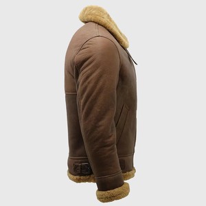 Men’s Vintage Brown Shearling Leather Bomber Jacket with Fur Collar, Zip Closure and Adjustable Waist <b>Tabs</b> - Product Image 5