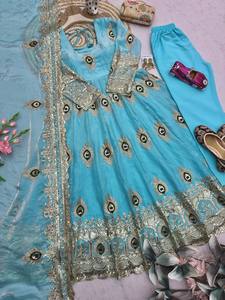 Turquoise Silk <b>Lehenga</b> Choli <b>Women</b> Traditional Indian Pakistani Wedding Embroidered Peacock Design Floor-Length Loose Fit - Product Image 2