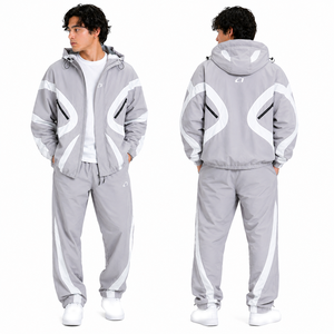 Hot Selling Customized Light Grey Reflective <b>Jackets</b> Tracksuit <b>Men</b>’s Hooded Windbreaker Set Premium Waterproof Nylon set Bulk - Product Image 3