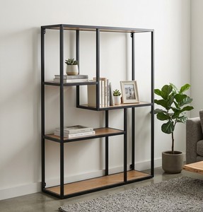 Modern Industrial Wall Shelf Bookcase, Metal Frame Display <b>Storage</b> <b>Rack</b> for Living Room Office Home Furniture - Product Image 4