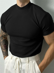 Men's Olive Green Ribbed <b>Mock</b> <b>Neck</b> Short Sleeve T-Shirt Slim Fit Breathable Knitted Pullover Summer Casual Gym <b>Top</b> - Product Image 6