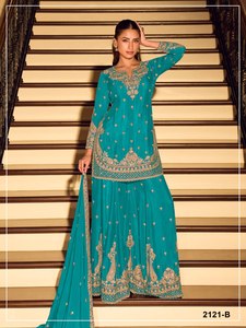 Turquoise Embroidered Salwar Kameez Set Long Sleeve <b>Top</b> <b>Net</b> Dupatta Indian Pakistani Wedding Outfit - Product Image 1