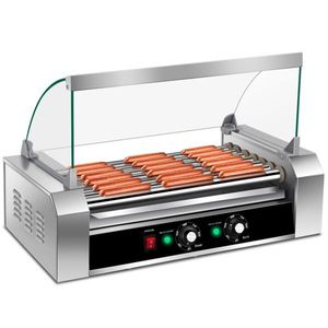 Griglia Professionale per Hot Dog in Acciaio Inox a 7 File, Superficie di Cottura 45x25 cm e Coperchio in Vetro Temperato - Product Image 1
