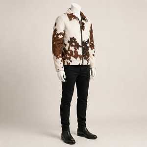 Blouson aviateur en cuir de vachette véritable pour homme, imprimé animal, fermeture éclair, col rabattable, vêtement d'extérieur d'hiver, coupe ajustée - Product Image 3
