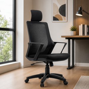 Chaise de bureau en maille avec accoudoirs réglables, design ergonomique pivotant, style contemporain, appui-tête intégré, dossier ouvert, base en plastique - Product Image 1
