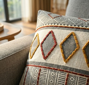 Housse de coussin carrée brodée à motif tribal géométrique en gris, blanc cassé, orange et jaune moutarde, vente en gros 18x18 - Product Image 3